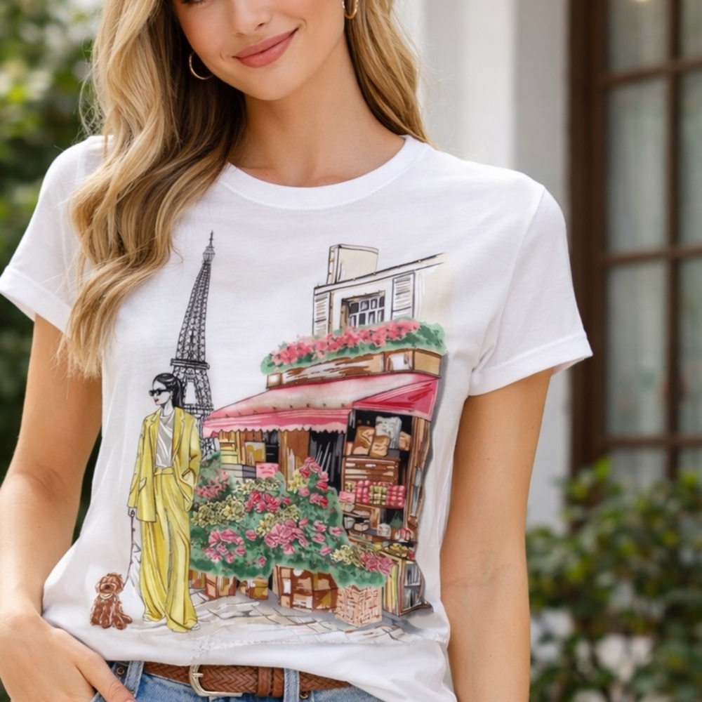 R002. Embroidered ,Embelishec Paris Graphic Tee with Floral Market Illustration - Picture 1 of 2